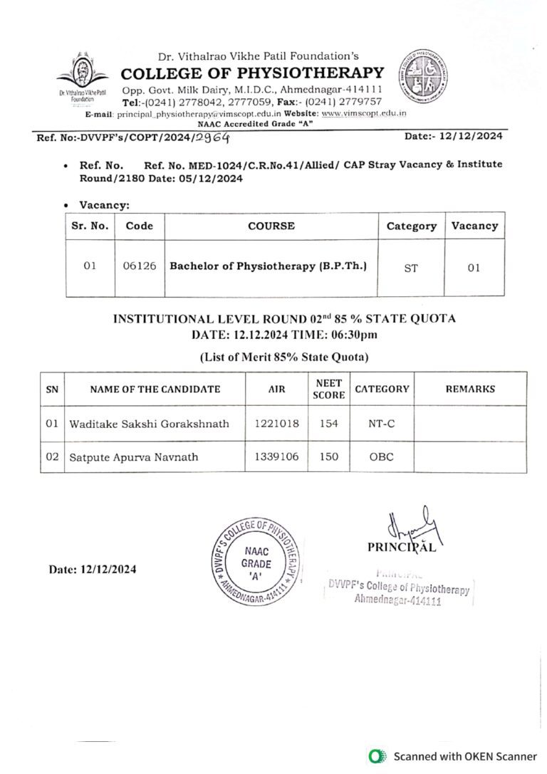 Institutional Level Round 02nd 85% State Quota